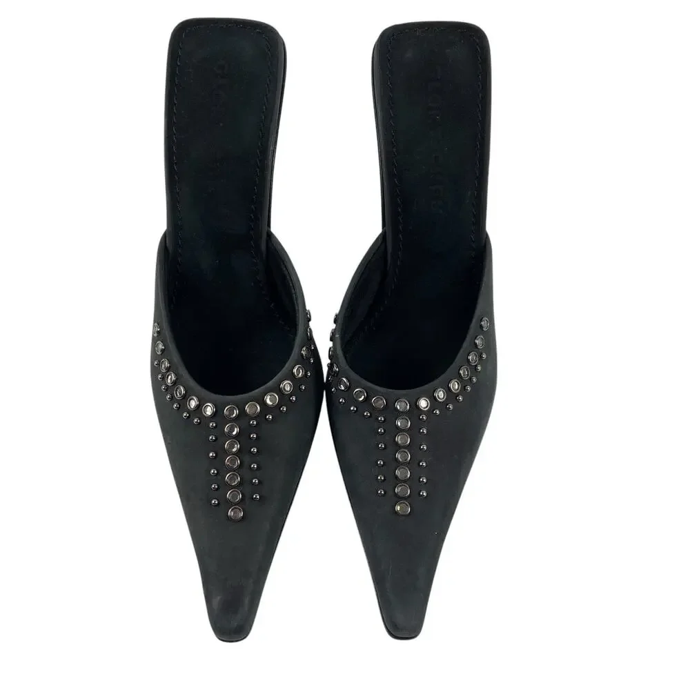 Glory Chen Black Studded Black Leather Suede Pointed Toe Mule Heels Size 5.5